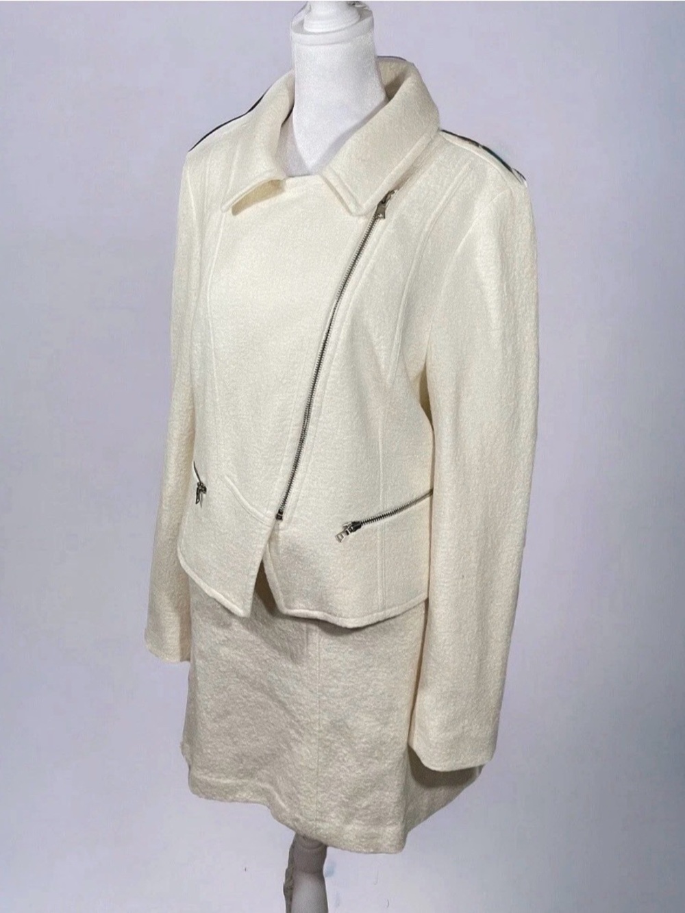 Vintage Ann Taylor White Wool & Viscose Tweed Jacket Skirt Suit Sz L